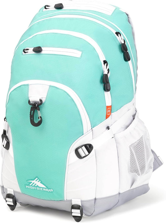 High Sierra Loop Backpack, Travel, or Work Bookbag with tablet sleeve, One Size, Aquamarine/White/Ash