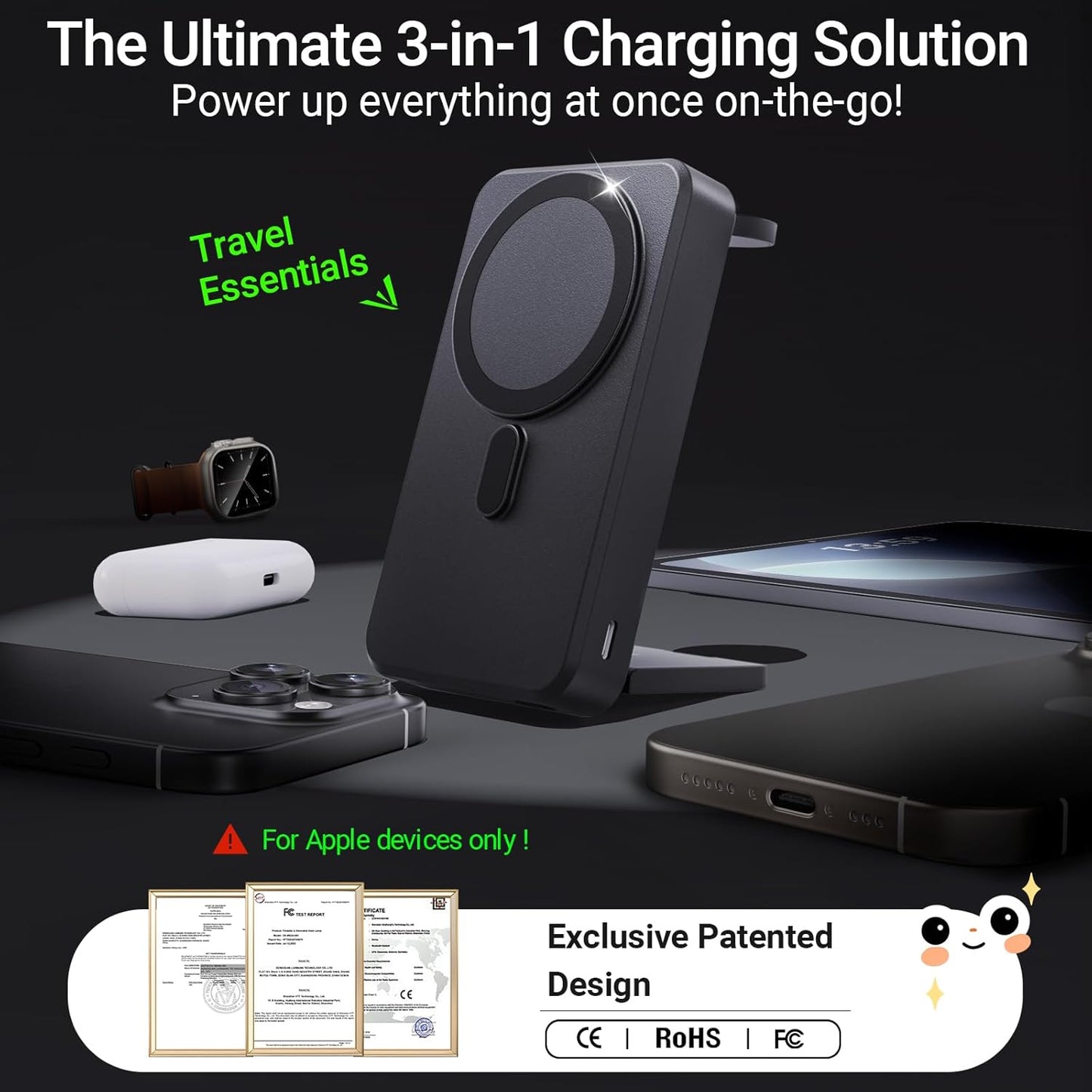 3-in-1 Portable Charger, 10000mAh Foldable Power Bank Fast Charging,MagSafe Charger Battery Pack Magnetic,Travel Wireless Charging Station for iPhone 16/15/14/13/12,iWatch, Air pods, Black