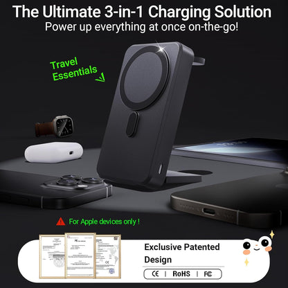 3-in-1 Portable Charger, 10000mAh Foldable Power Bank Fast Charging,MagSafe Charger Battery Pack Magnetic,Travel Wireless Charging Station for iPhone 16/15/14/13/12,iWatch, Air pods, Black