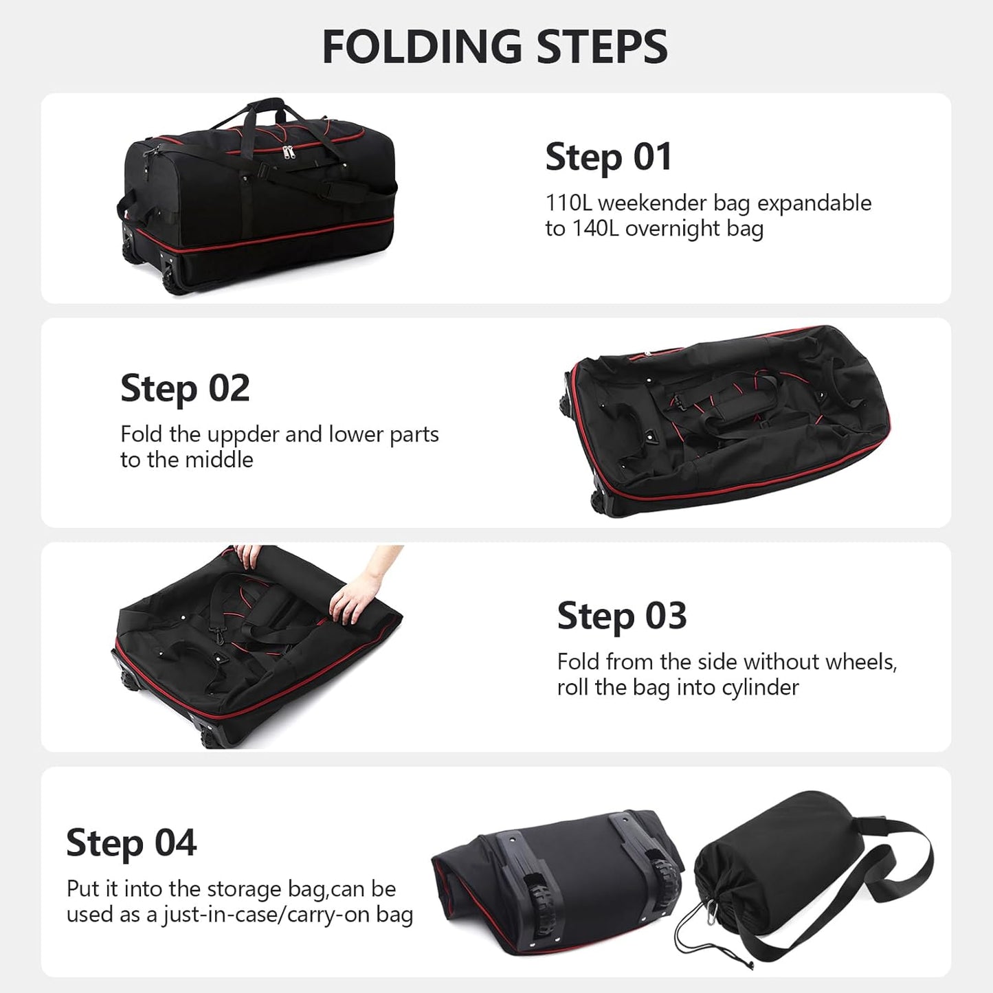 CONTAIL 32" Soft-Sided Rolling Duffle Bag with 2 Wheels,Expandable from 110L to 140L, Foldable Travel Duffel with Multiple Compartments,Black-red