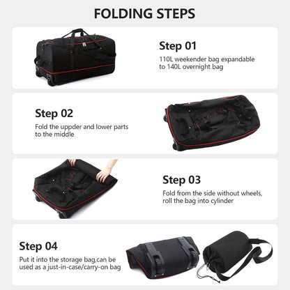 CONTAIL 32" Soft-Sided Rolling Duffle Bag with 2 Wheels,Expandable from 110L to 140L, Foldable Travel Duffel with Multiple Compartments,Black-red