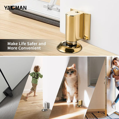 1 Pack Magnetic Door Stoppers Retractable Bottom of Door Holder No Drilling Mount Floor Door Stop with Screws and Adhesive Catch Door Keep Door Open Polished Gold PG-1