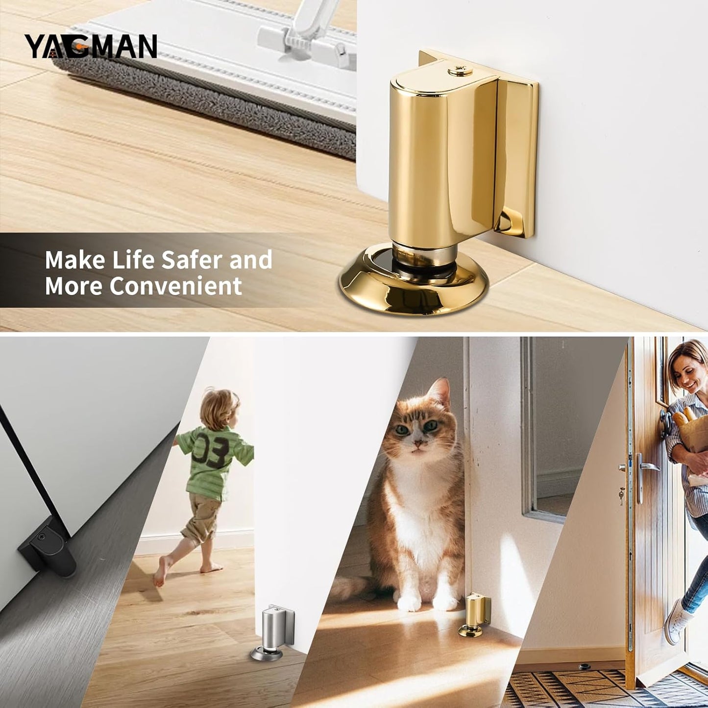 3 Pack Magnetic Door Stoppers Retractable Bottom of Door Holder No Drilling Mount Floor Door Stop with Screws and Adhesive Catch Door Keep Door Open Polished Gold PG-3