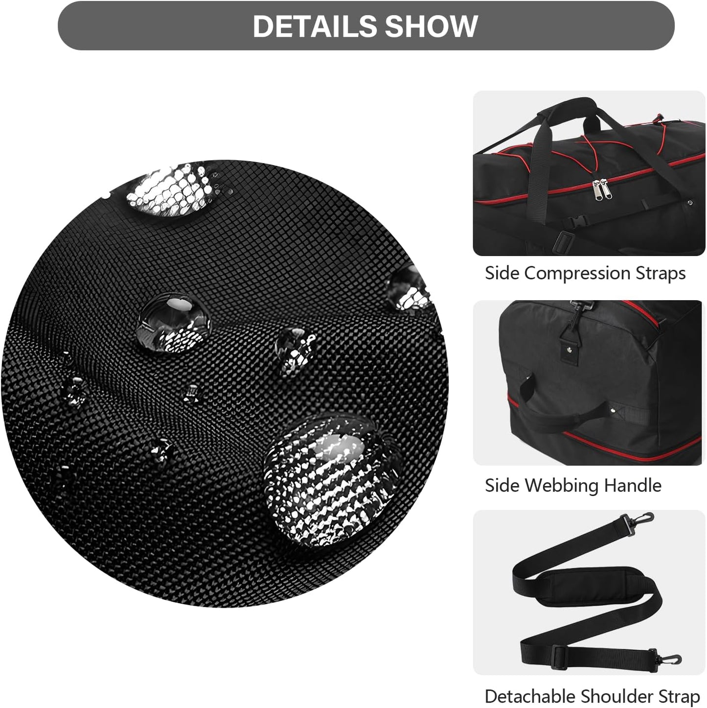 Vomgomfom 32" Soft-Sided Foldable Wheeled Travel Duffel Bag,Expandable 110L to 140L Rolling Cargo Bag with 2 Wheels and Multiple Pockets,Black-red