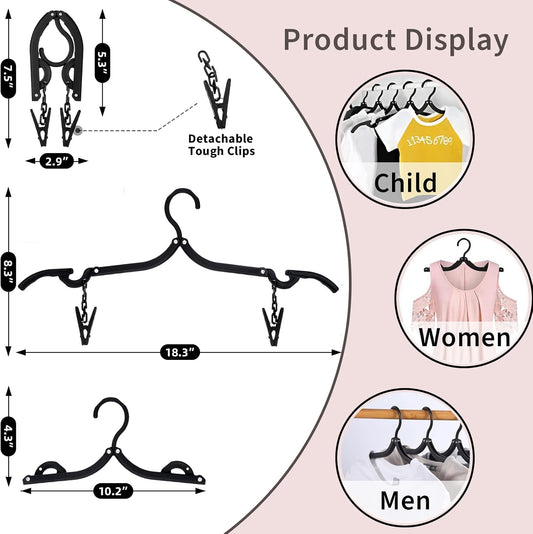 12pcs Black Travel Hangers with 24pcs Clips Foldable for Suitcase, Portable Folding Clothes Hangers, Cruise Ship Essentials Drying Rack for Portable Travel Accessories