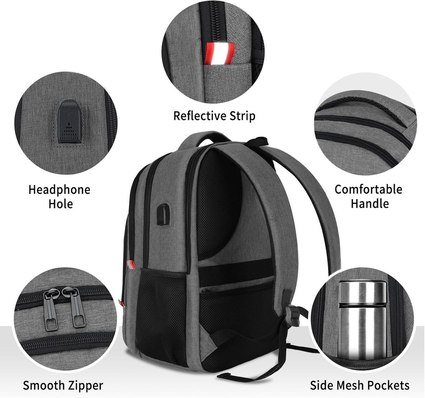 Backpack for Men Women, Travel School Backpacks for Teen Boys, Bookbag with USB Charging Port, Anti Theft College Students Backpack Fits 15.6 Inch Laptop, Casual Work Business Back Pack, Grey