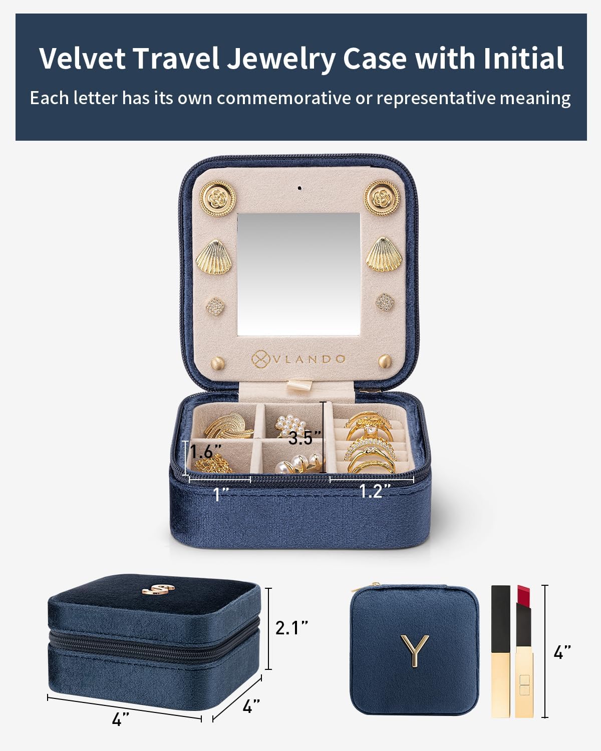 Vlando Girls Fashion Jewelry Box Mini Case - Dark Blue, Initial - Y