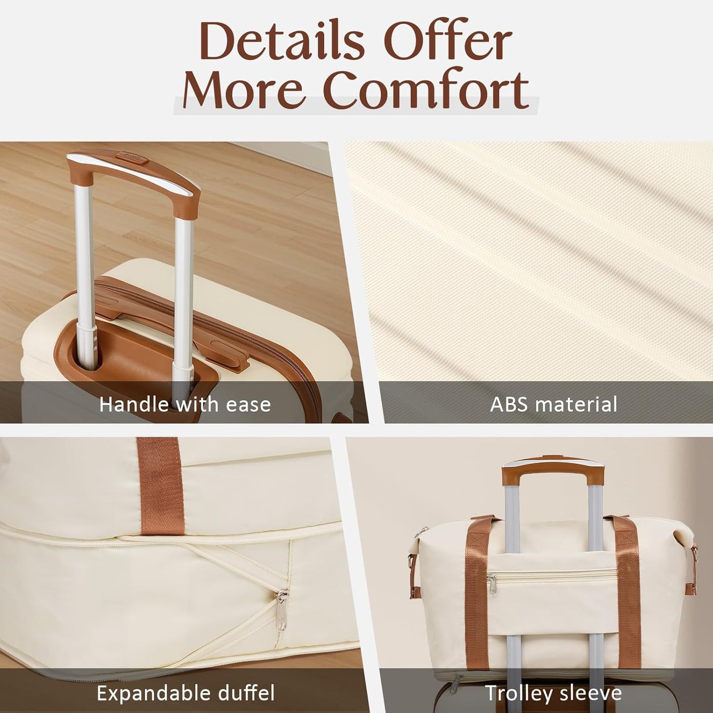 COOLIFE Luggage Carry On Luggage Suitcase Softside Wheeled Luggage Lightweight Rolling Travel Bag, White, 3 Piece Set (DB/TB/20), Luggage Set with Bags