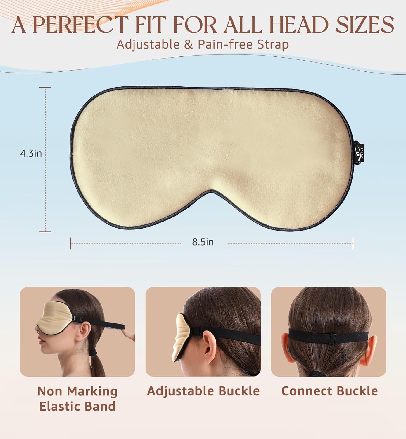 HiRui Silk Sleep Mask, 100% Natural Mulberry Silk of Double-Sided & Inner-Filling, Ultra-Smooth Soft, Adjustable Strap, Blocks Light for Night Sleeping, Travel, Office Naps (Champagne)
