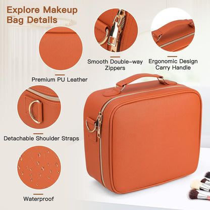 Travel Makeup Bag with LED Mirror, Cosmetic Bags for Women with Light up Mirror, Travel Essentials Makeup Organizer, Makeup Case with Adjustable Dividers and Brush Holder, 3 Color Lights