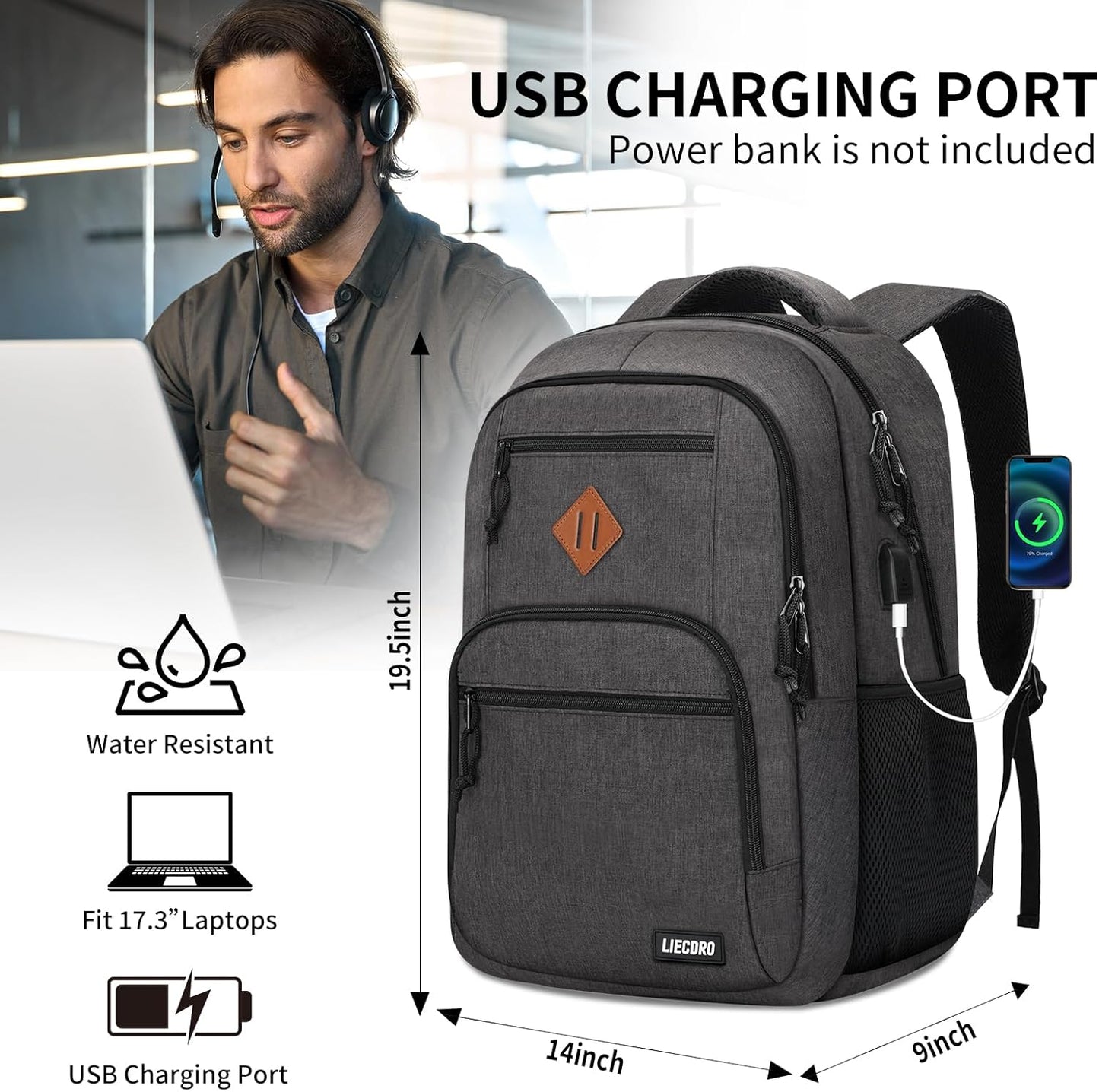 Black Backpacks for Men, Backpack for School, School Backpack for Boys Teens, 17.3 inch Laptop Back Pack with USB Charging Port, College Book Bag, Business Work Travel Bookbag, mochilas para hombres