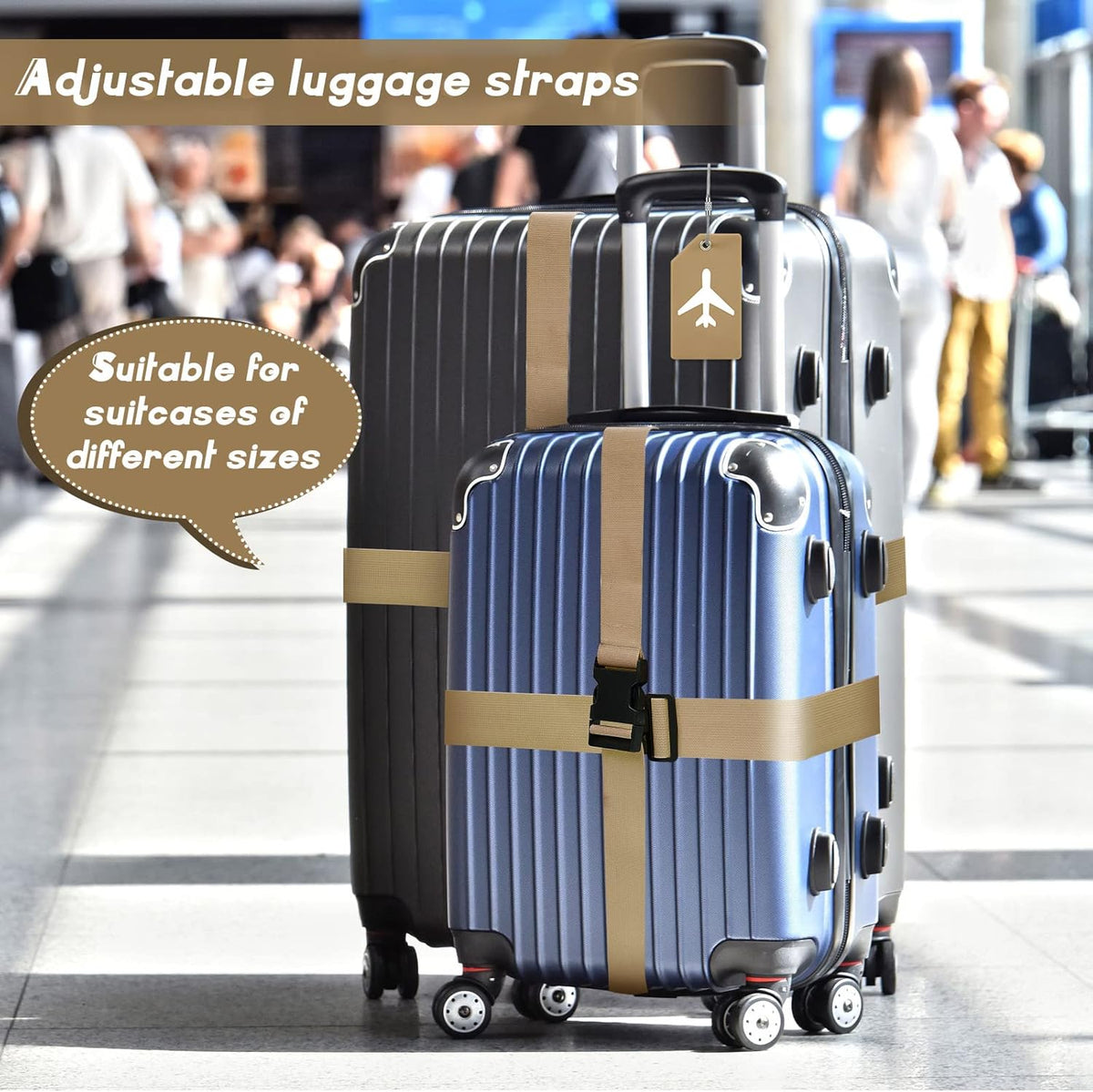 Weewooday 8 Pcs Luggage Straps Suitcase Tags Set for TSA Approved, 4 Travel Adjustable Suitcase Belt, 4 Silicone Luggage Tags with Name ID Card Travel Accessories(Khaki,Airplane)