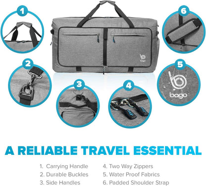 Bago Large Foldable Duffel Bags for Traveling Women & Men - 100L Packable Duffle Bag for Travel with Shoe Compartment - Water Repellant, Heavy Duty, Lightweight Folding & Collapsible (SnowGray)