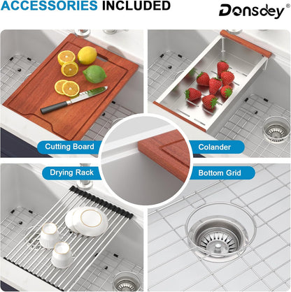 33 Inch Undermount White Granite Composite Kitchen Sink Under Counter Quartz Single Bowl Sink Workstation Sinks with Accessories Quick Drain Noise Reduction Home Renovation Classic Style