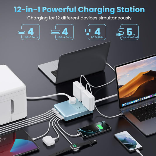 12-in-1 Charging Station USB C Power Strip with 5ft Cord,200W GaN IV USB C Charger Block,4 AC Outlets,4 USB-A,4 USB-C for MacBook,iPhone 16/15/14,Fast Charging Desktop Charger for Office (Light Blue)