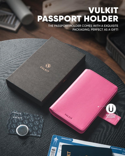 VULKIT Passport Holder with Airtag Holder RFID Blocking Passport Wallet Travel Leather Passport for Women(Rose)