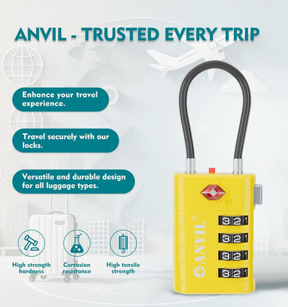 ANVIL 4 Digit Luggage Locks, TSA Locks for Luggage, Advanced TSA008 core, Alert Indicator for Your Travel Lock, Suitcase Lock. (3, Yellow)