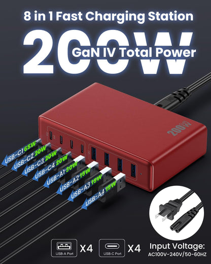 200W USB C Charger Block,GaN IV Charging Station 8 Ports,QC4.0 Fast Charging Station Hub+PD 65W USB C Laptop Charger Adapter Compatible with MacBook Air/Pro,DELL,iPhone 16/15,iPad,Steam Deck-Red