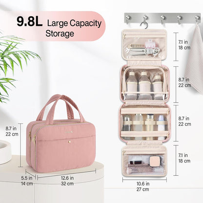 Hanke Hanging Travel Toiletry Bag for Women with Jewelry Organizer Compartment, Travel Essentials Toiletries and Makeup Bag, Water-Resistant & Stain-Resistant with Trolley Strap (Pink)