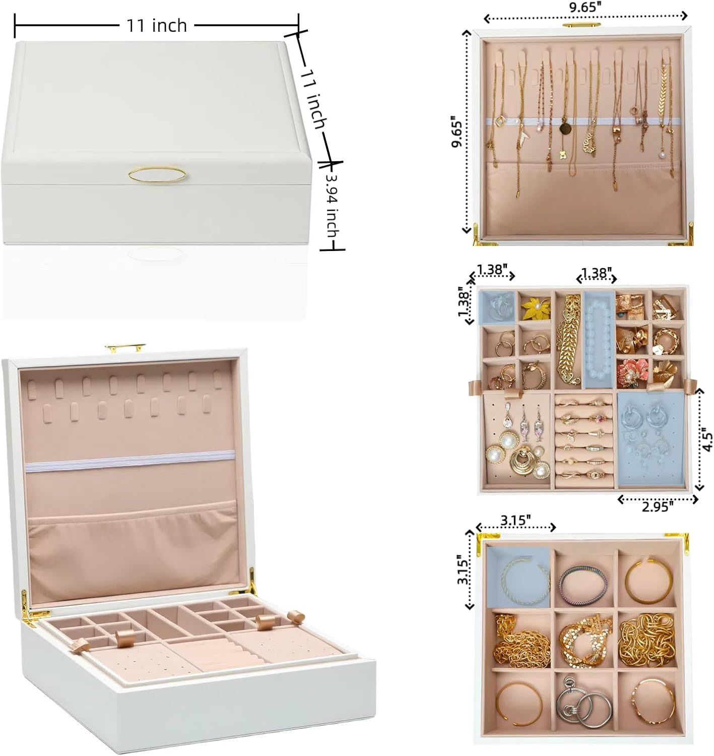 Jewelry Box Organizer for Women,White 2 Layer jewelry Stoarge Case,Built in Necklace Hook and Detachable Jewelry Tray,Indoor Jewelry Display Box