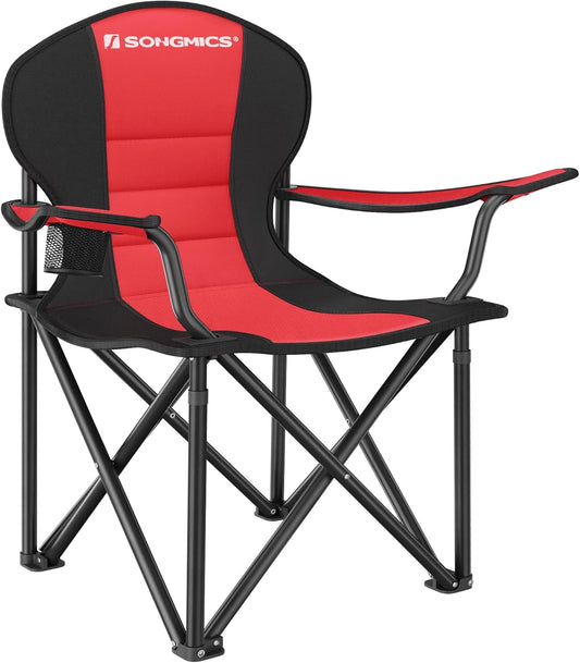 SONGMICS Folding Camping Chair, with Comfortable Sponge Seat, Cup Holder, Heavy Duty Structure, Max Load Capacity 551 lb, Outdoor Picnic Chair, Red and Black UGCB06BK