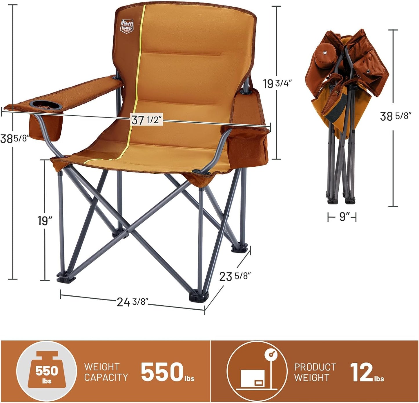TIMBER RIDGE Oversized Folding Camping Chair for Adults, Support 550 LBS Heavy Duty with Cup Holder Side Pocket for Camp, Lawn, Picnic, Oange, 2 Pack
