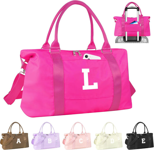Overnight Bag for Kids Teen Girls Weekender Dance Bag Birthday Graduation Gifts,Initial Travel Duffel Bag Sports Gym Bag Personalized Weekender Bag Carry On Bags Preppy Gifts for Women(Hot Pink, L)