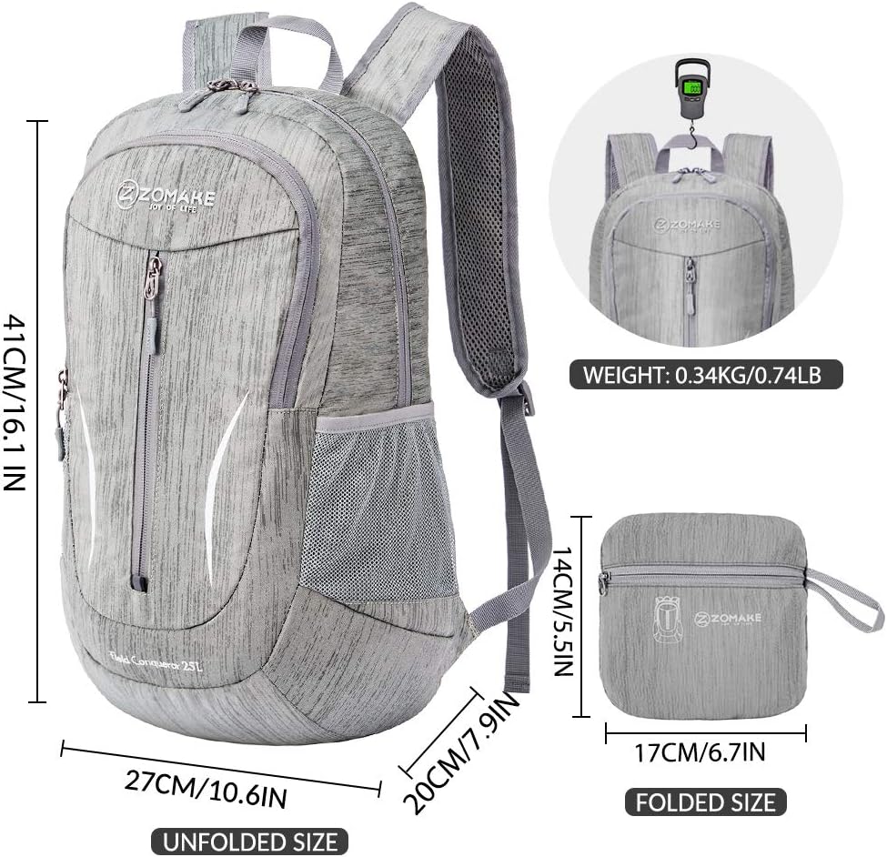 ZOMAKE 25L Ultra Lightweight Packable Backpack, Foldable Hiking Backpacks Water Resistant Small Folding Daypack for Travel(Silver Gray)