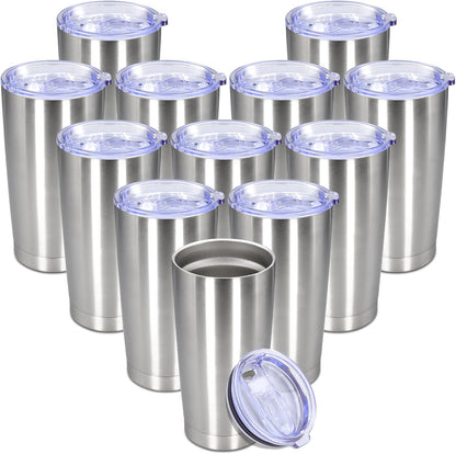 20 oz Tumbler with lid Double Wall Vacuum Insulated Tumblers Stainless Steel Coffee Mug Travel Coffee Tumbler Powder Coated Tumbler Cup Keep Hot&Cold - (Stainless 12 Pack)