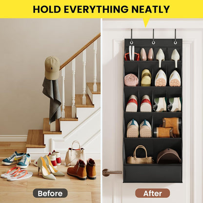 Over the Door Shoe Organizer for Closet, Shoes Rack for Closet with 15 Large Pockets, Hanging Shoe Organizers for Boot Storage, Behind the Door Narrow Shoe Holder for Small Shoes, Black