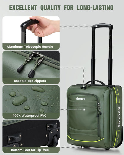 Gonex Waterproof Underseat Carry on Luggage with Wheels, 16 inch PVC Small Wheeled Travel Luggage for Airline, Rolling Overnight Weekender Suitcase for Men Women 30L, Olive Green