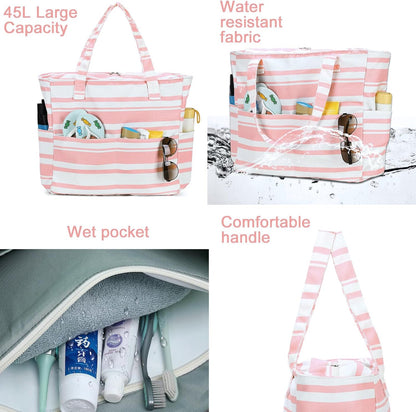LEDAOU Beach Bag Waterproof Sandproof Women Tote Bag Pool Bag with Zipper for Gym Grocery Travel with Wet Pocket