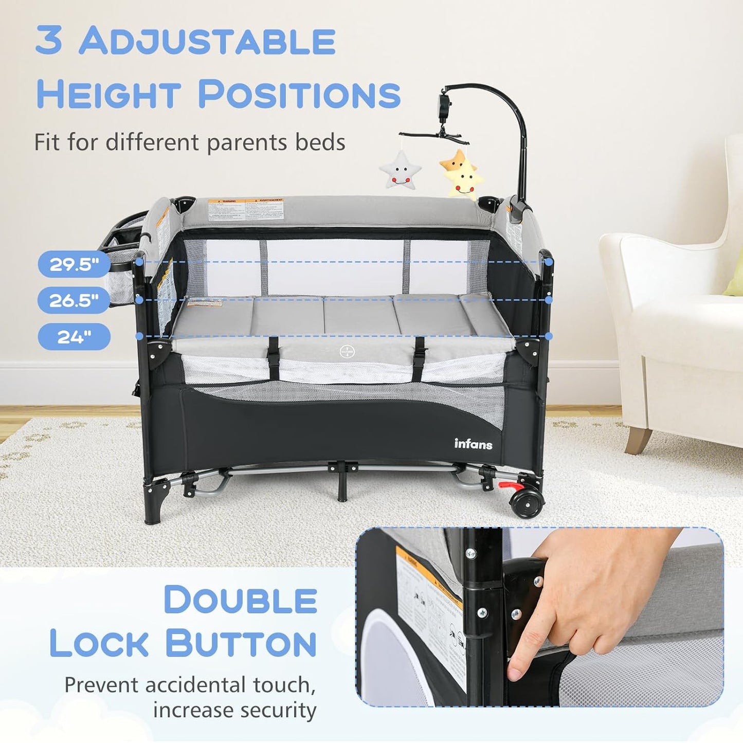 INFANS Pack and Play, 5 in 1 Baby Bedside Sleeper with Bassinet, Diaper Changer, Mattress, Carry Bag, Music Box Hanging Toys, Foldable Bedside Crib, Portable Playard for Newborn Toddlers (Gray)