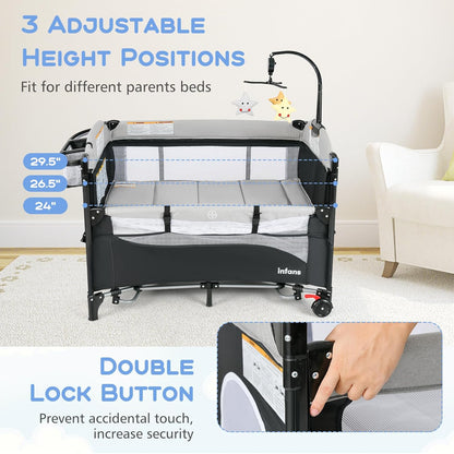 INFANS Pack and Play, 5 in 1 Baby Bedside Sleeper with Bassinet, Diaper Changer, Mattress, Carry Bag, Music Box Hanging Toys, Foldable Bedside Crib, Portable Playard for Newborn Toddlers (Gray)