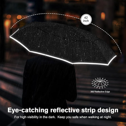 G4Free 42 Inch Eco Windproof Folding Umbrella for Rain & Sun 9 Ribs Wind Resistant Strong Fiberglass Double Canopy with Reflective Strip for Women Men Auto Open Close For Car & Backpack