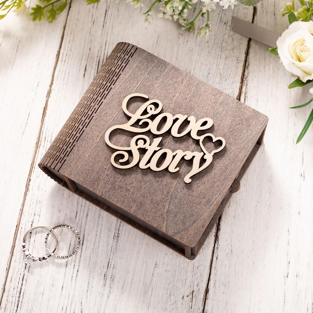 Personalized Double Ring Box – Rustic Wooden Engagement & Wedding Ring Holder with Wedding Ring Bearer Pillow - Engraved Proposal Jewelry Case Gift