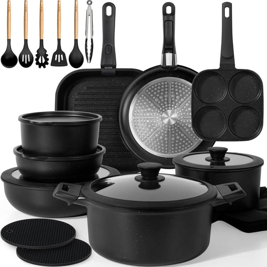KIKCOIN Pots and Pans Set, 30 Pack Nonstick Cookware Set Detachable Handle, Induction RV Kitchen Cooking Set with Removable Handle, Frying Pans, Casserole - Dishwasher/Oven Safe, PFOA Free