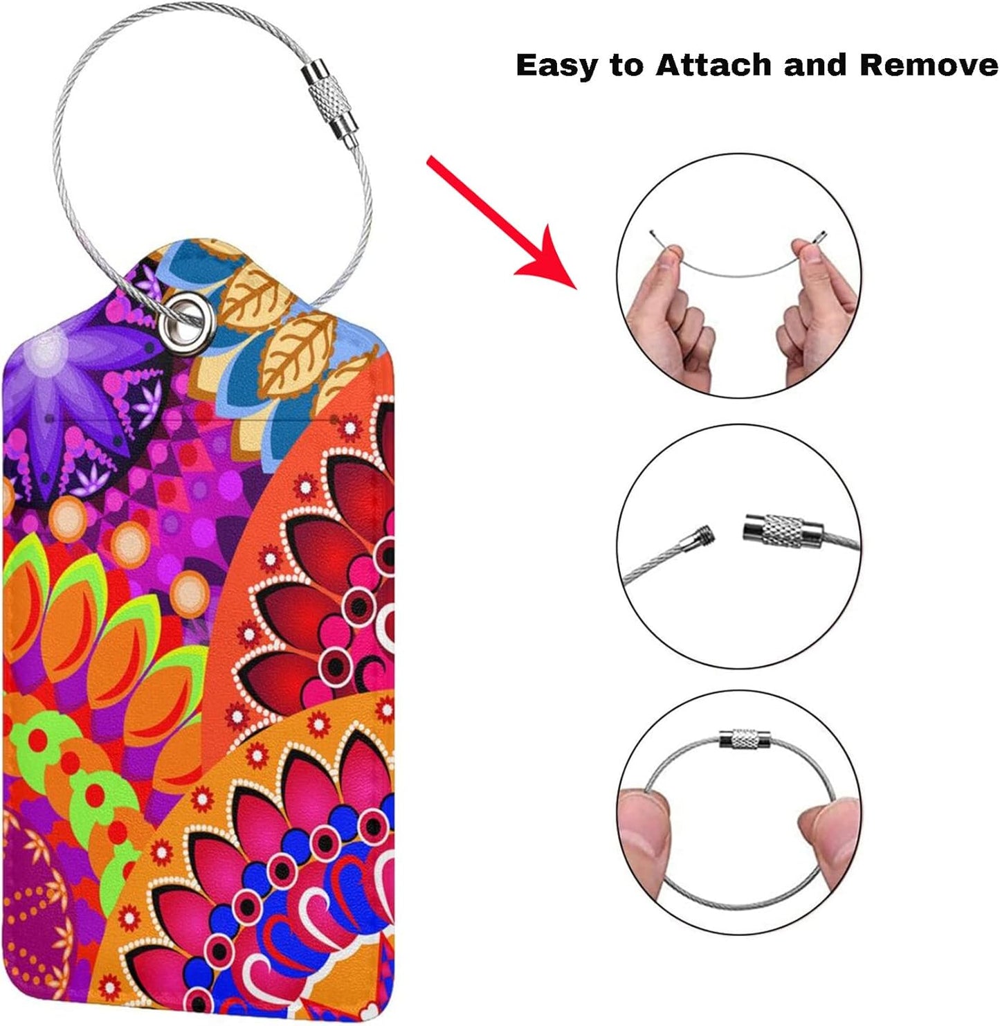 Colorful Mandala Style Luggage Tags Bright Red Bag Tag with Full Back Privacy Cover Name ID Card Stainless Steel Loop Suitcase Labels Address Card PU Leather Baggage Tags Luggage for Travel, 2 Pcs