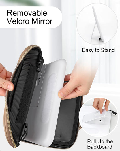 Relavel Makeup Bag with Light Up Mirror, Makeup Case Travel Cosmetic Bags Brush Organizer Storage Box, Rechargeable Vanity Mirror with 3 Color Lights, High Frame Mirror Protection (Brown)