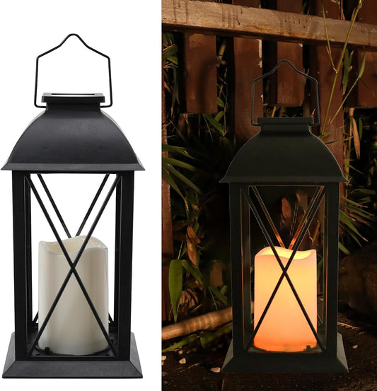 2 Pack Outdoor Solar Lantern 12" Battery Hanging Lanterns Waterproof Vintage Classics Flickering Flameless Candle Lanterns for Patio, Table, Party, Garden, Table, Kitchen