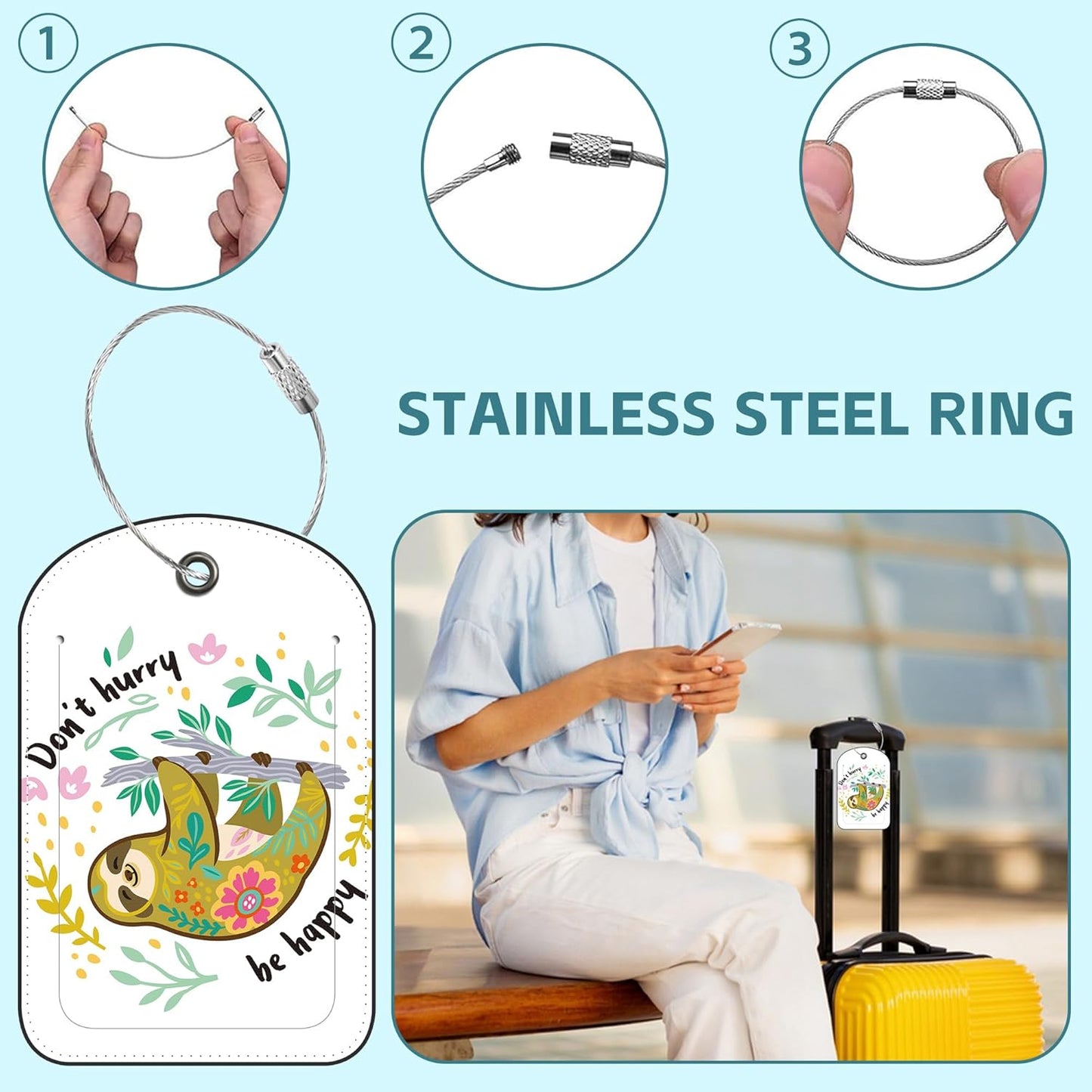 Cute Sloth Luggage Tag for Suitcase Set of 2 PU Leather Cute Luggage Tags with Stainless Metal Loop ID Label Privacy Flap Suitcase Tags for Women and Men Travel