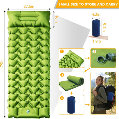 Camping Sleeping Pad, 4in Thick Ultralight Inflatable Camping Mat with Pillow, Built-in Foot Pump Sleeping Mat, Wide Compact Camping Pad for Travel Tent Hiking Backpacking Trip Car Camp Gear