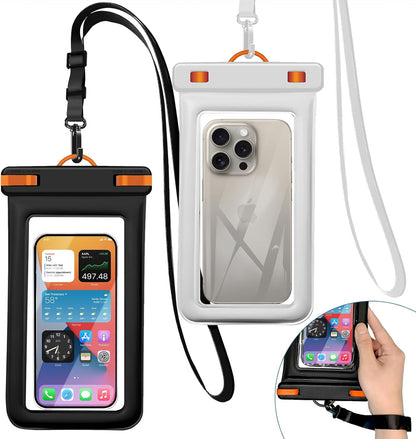 IPX8 Floating Waterproof Phone Case 2-Pack,7.2 Inch Waterproof Phone Pouch for iPhone 16/15/14 Pro Max Galaxy S24/S23 Adjustable Lanyard + Wrist Strap Beach Swimming Travel Essentials
