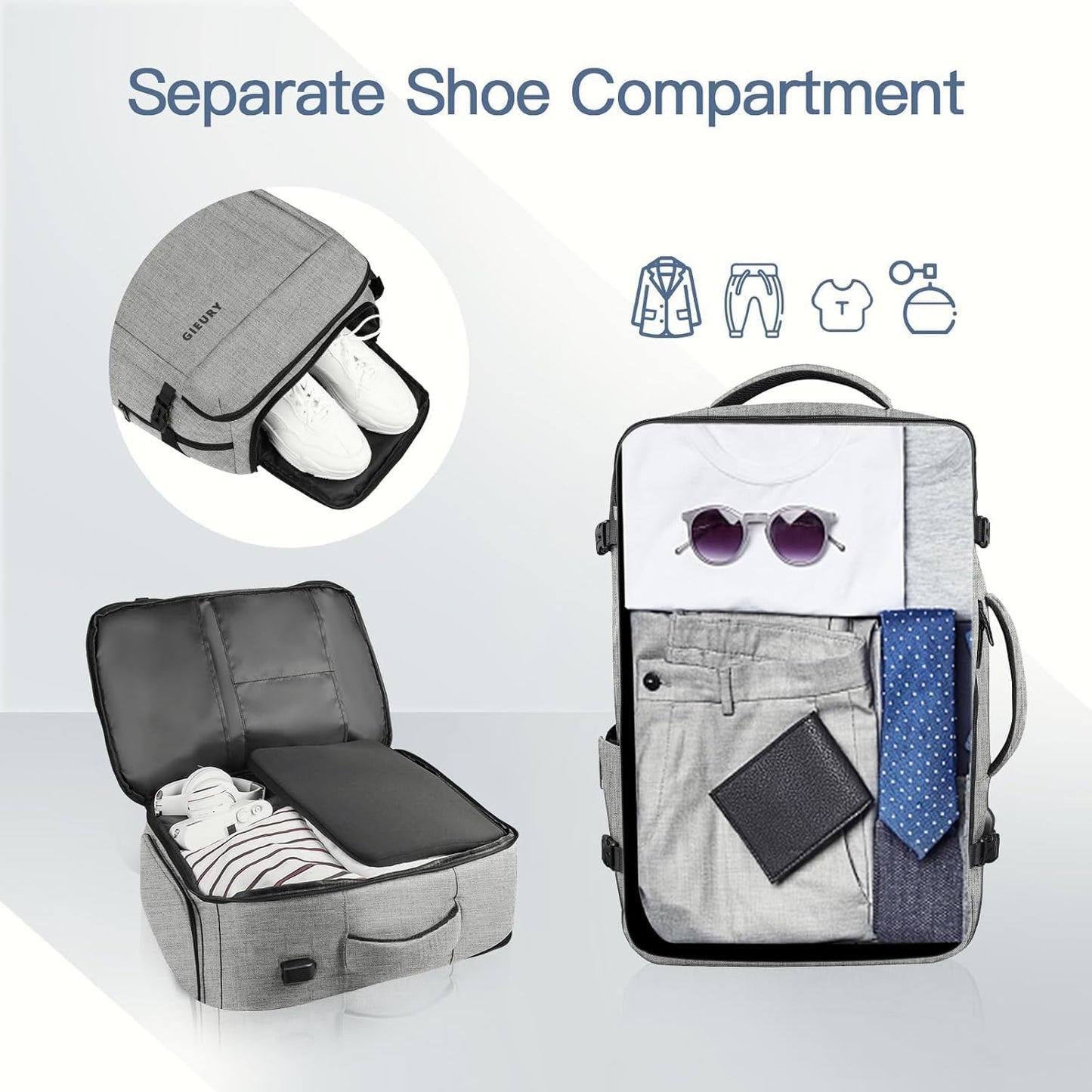 55L Carry On Backpack, Extra Large Travel Backpack for Men & Women, Expandable Big Capacity For Airplanes, Travel Gifts for Men Women, Fits 18.4 Inch Laptop, Luggage Suitcase Daypack Bag, Grey