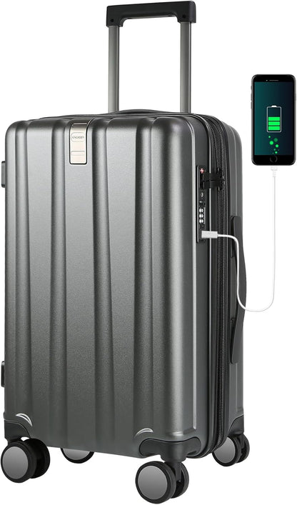 KROSER Hardside Expandable Carry On Luggage with Spinner Wheels & Built-in TSA Lock, Durable Suitcase Rolling Luggage with USB Port, Carry-On 20-Inch, Steel Grey