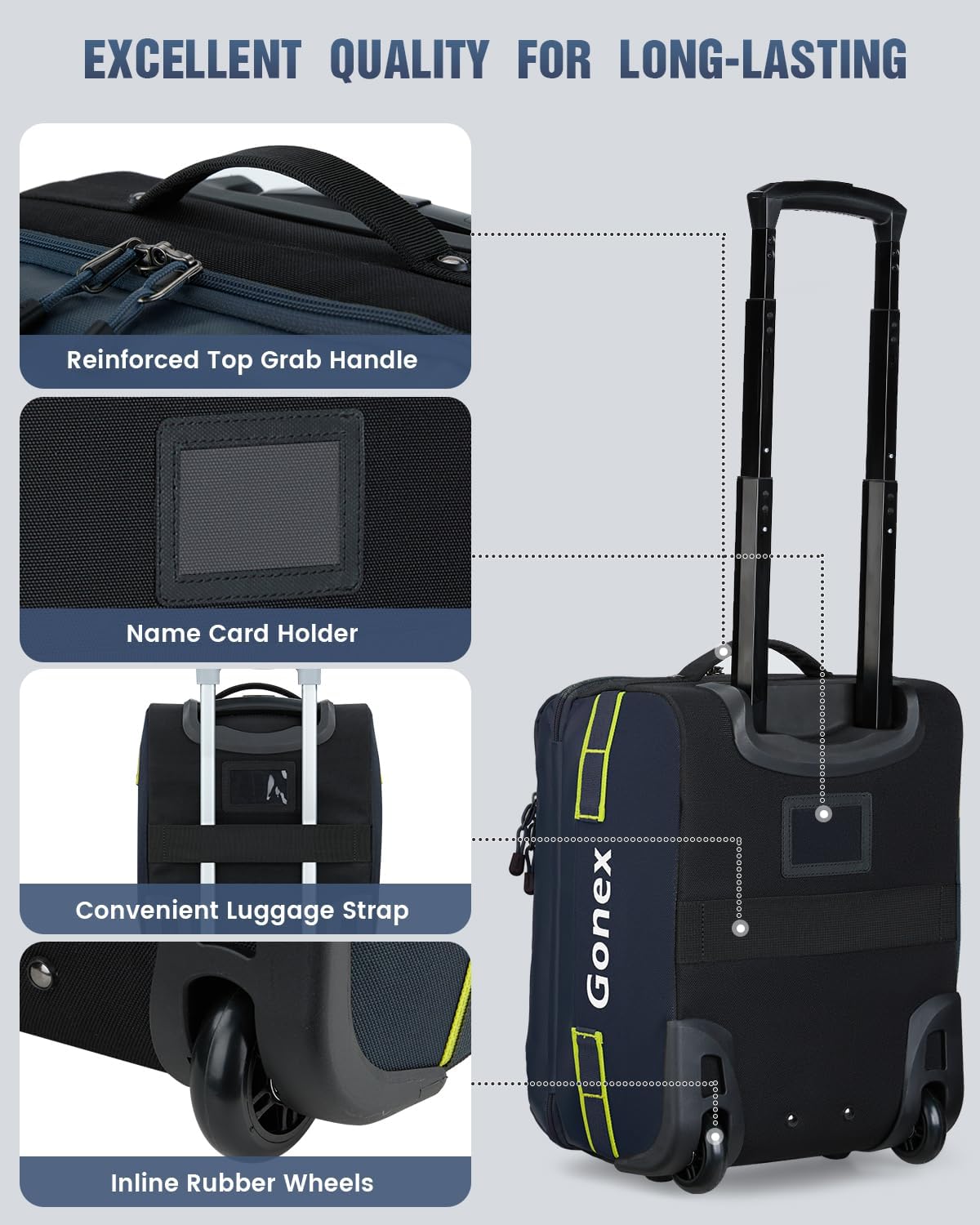 Gonex Waterproof Underseat Carry on Luggage with Wheels, 16 inch PVC Small Wheeled Travel Luggage for Airline, Rolling Overnight Weekender Suitcase for Men Women 30L, Navy Blue