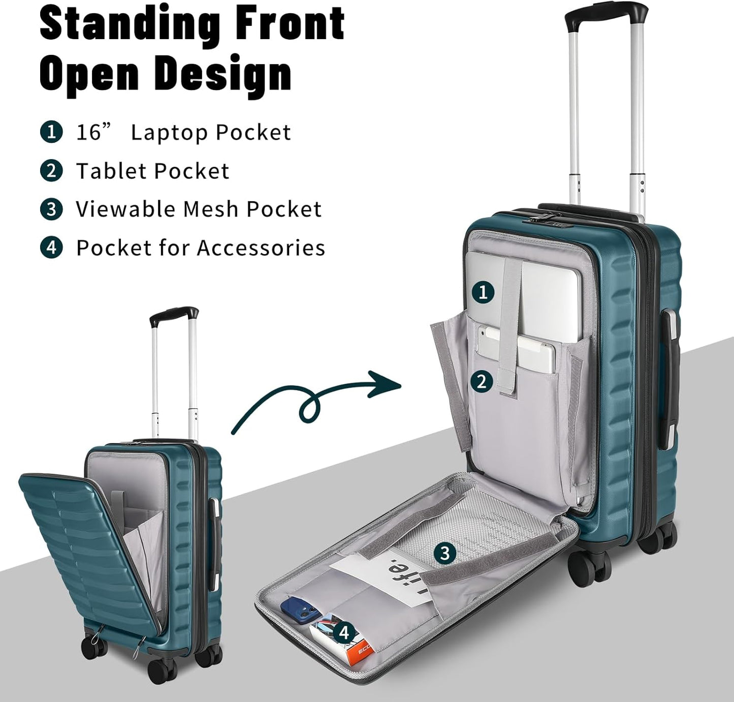 22×14×9 Airline Approved Carry On Expandable Luggage with Front Open Pocket, Spinner Wheels, ABS+PC Hardshell Small 20inch Suitcase with Protective Cover and Luggage Tag, Teal Blue