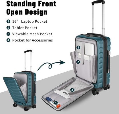 22×14×9 Airline Approved Carry On Expandable Luggage with Front Open Pocket, Spinner Wheels, ABS+PC Hardshell Small 20inch Suitcase with Protective Cover and Luggage Tag, Teal Blue