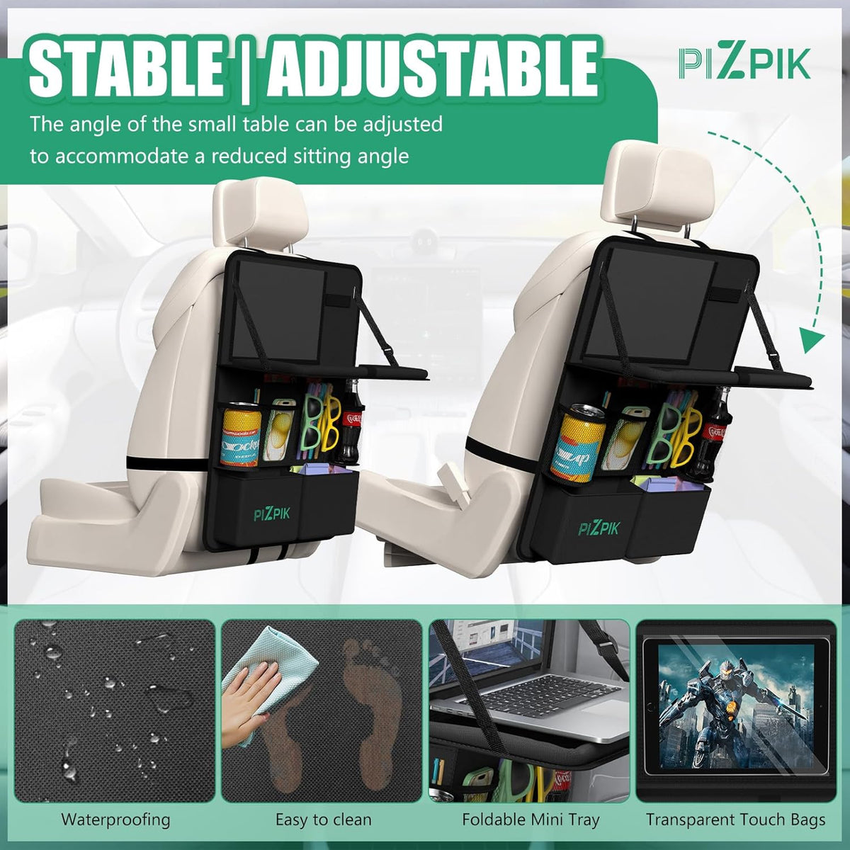 Car Backseat Organizer with Tablet Holder,11 Storage Pockets with Foldable Food Tray, Protector Kick Mats for Kids, Travel Accessories Organizer (Black, 1Pack)