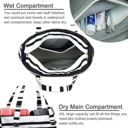 LEDAOU Large Beach Tote Bag Women Waterproof Sandproof Zipper Beach Tote Bag for Pool Gym Grocery Travel with Wet Pocket